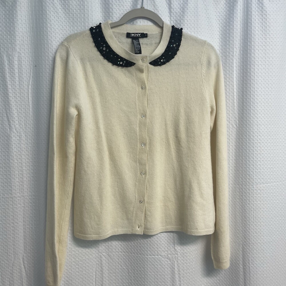 DKNY Wool Cashmere Blend Ivory Cardigan W/ Black Bead Rhinestone Collar Trim - Picture 2 of 9